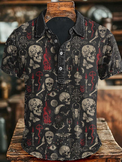Halloween Dark Skull Print Casual Short Sleeve Polo Shirt