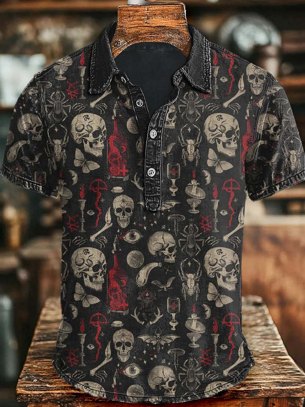 Halloween Dark Skull Print Casual Short Sleeve Polo Shirt