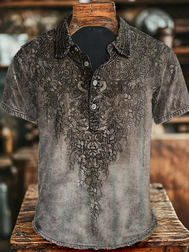 Vintage Aged Floral Print Casual Short Sleeve Polo Shirt