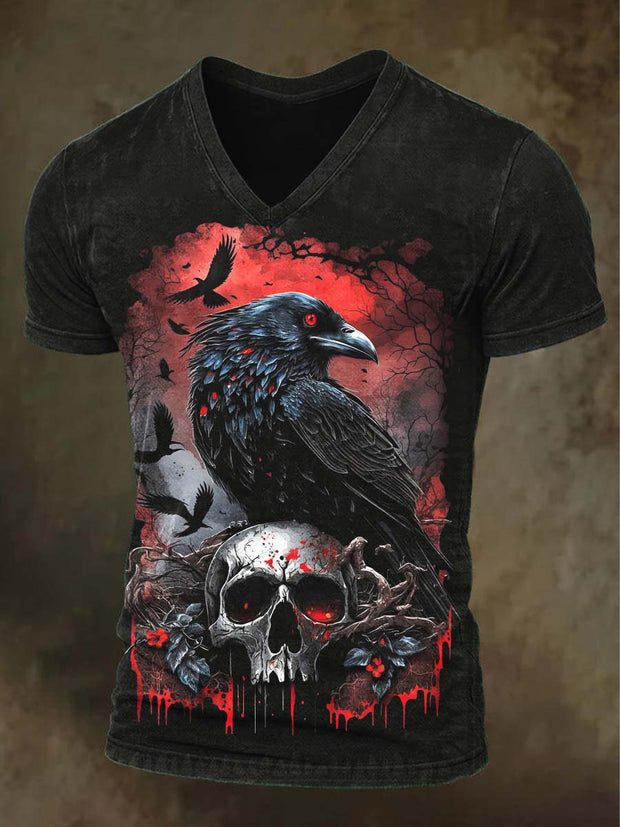 Halloween Raven Skull Print Casual Short Sleeve V-Neck T-Shirt