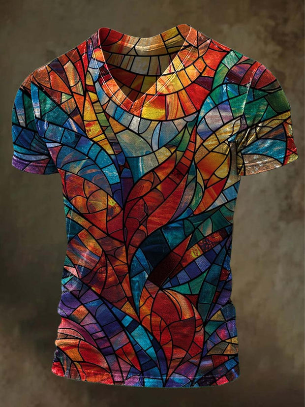 Color Glass Window Flower Print Casual V-Neck Short Sleeve T-Shirt