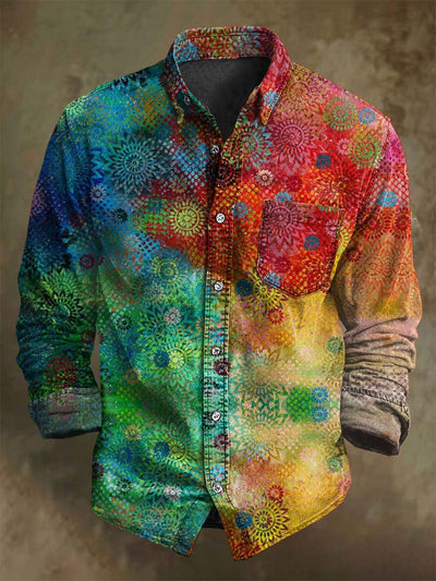 Vintage Gradient Color Clash Floral Print Casual Long Sleeve Shirt