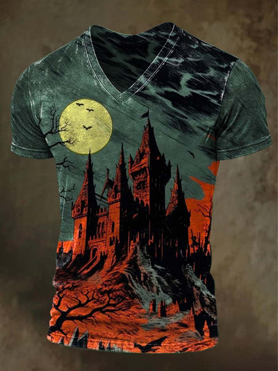 Halloween Scary Castle Print Casual V-Neck Short Sleeve T-Shirt