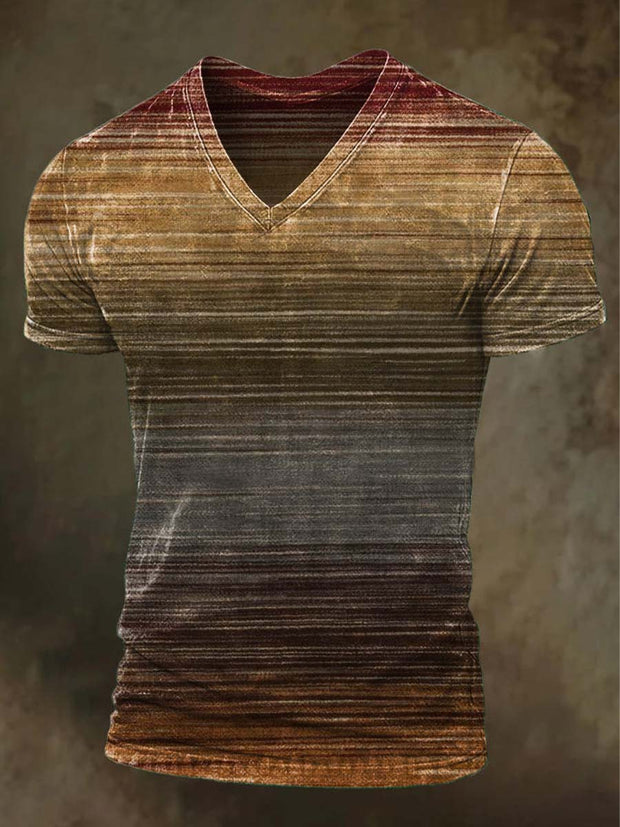 Vintage Striped Printed Casual V-Neck Short Sleeve T-Shirt