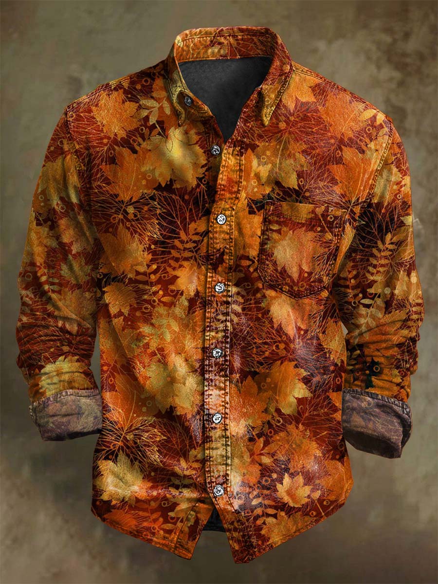 Vintage Maple Leaf Print Casual Long Sleeve Shirt