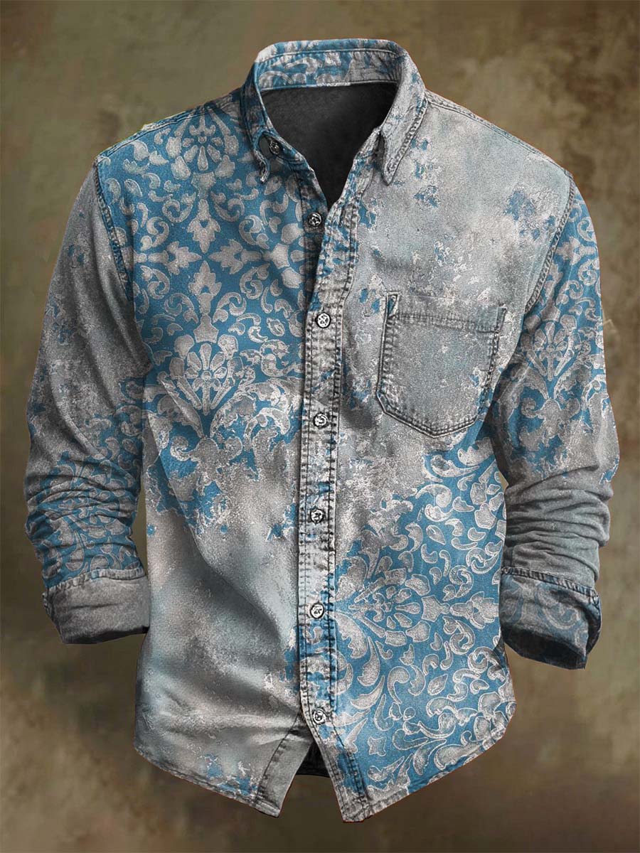 Vintage Patchwork Irregular Floral Print Casual Long Sleeve Shirt