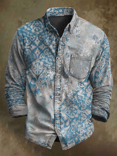 Vintage Patchwork Irregular Floral Print Casual Long Sleeve Shirt