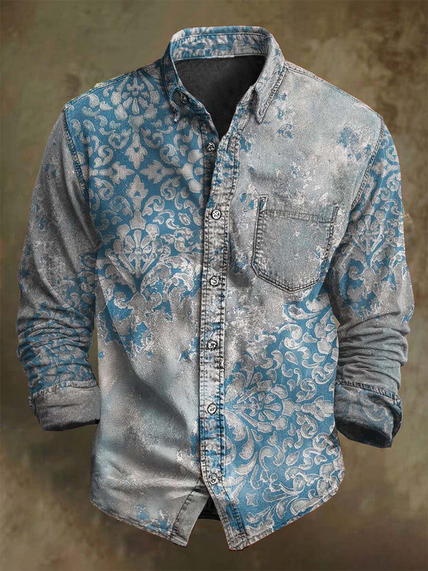 Vintage Patchwork Irregular Floral Print Casual Long Sleeve Shirt