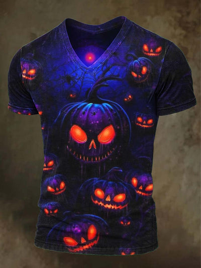 Halloween Evil Pumpkin Print Casual V-Neck Short Sleeve T-Shirt
