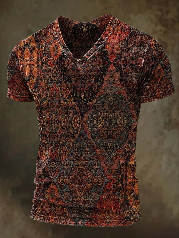Vintage Pattern Printed Casual V-Neck Short Sleeve T-Shirt