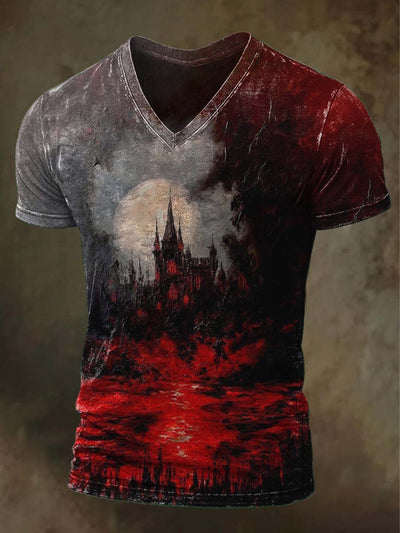 Halloween Scary Castle Print Casual V-Neck Short Sleeve T-Shirt