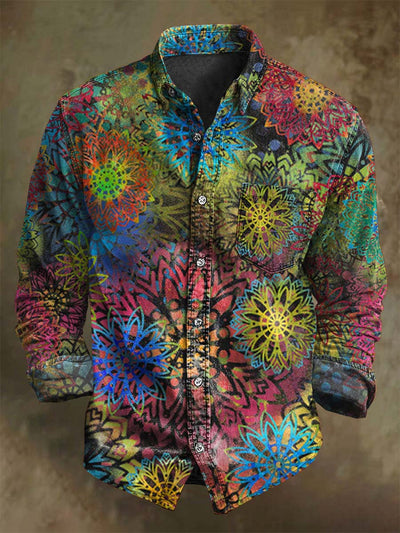 Colorful Abstract Floral Print Casual Long Sleeve Shirt