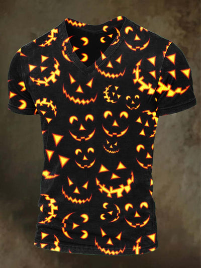 Halloween Evil Pumpkin Print Casual V-Neck Short Sleeve T-Shirt