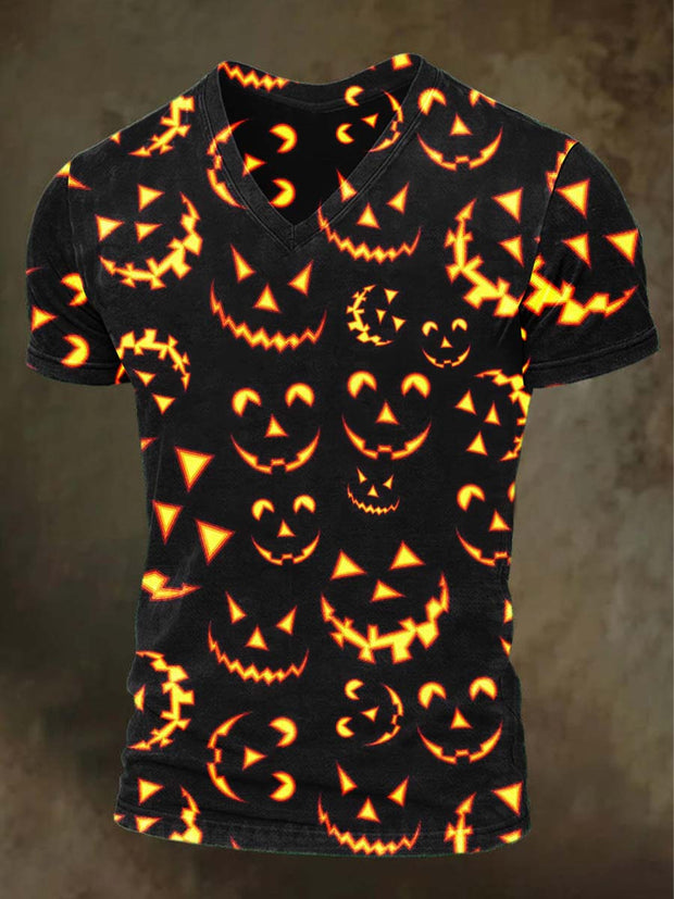 Halloween Evil Pumpkin Print Casual V-Neck Short Sleeve T-Shirt