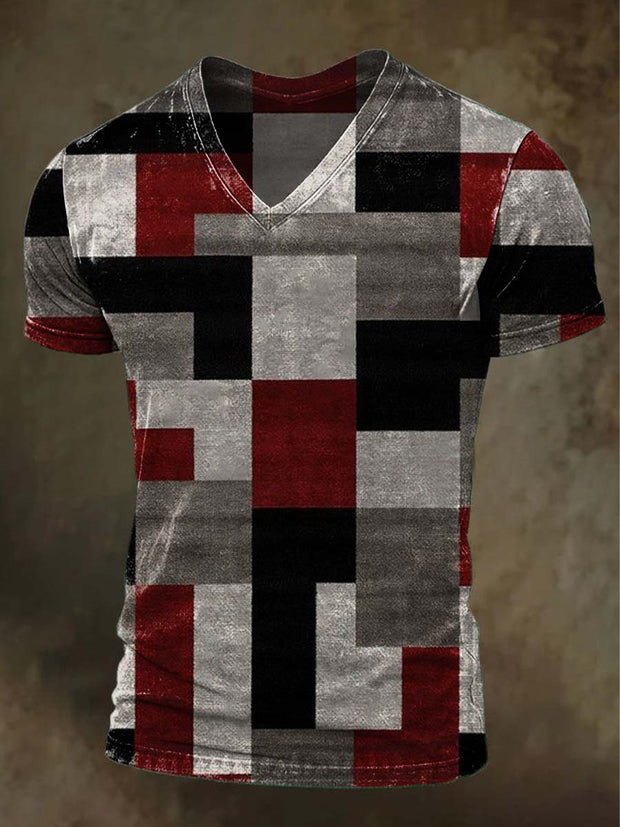Retro Clash Irregular Plaid Printed Casual V-Neck Short Sleeve T-Shirt