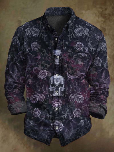 Vintage Rose Skull Print Casual Long Sleeve Shirt