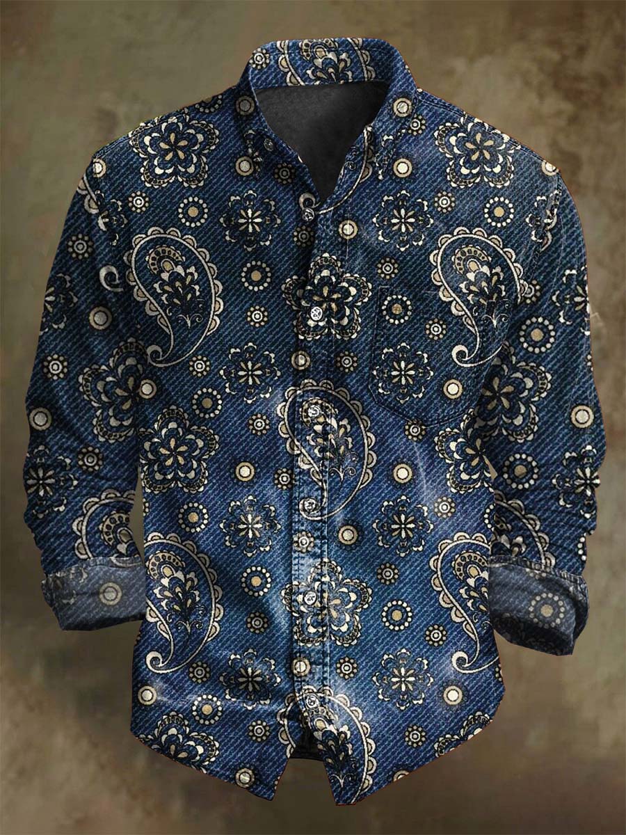 Vintage Cashew Flower Print Casual Long Sleeve Shirt