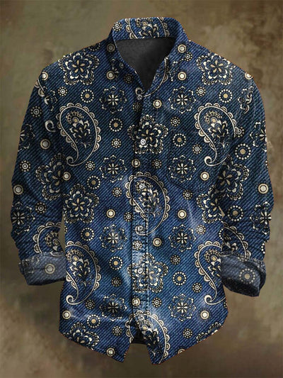 Vintage Cashew Flower Print Casual Long Sleeve Shirt