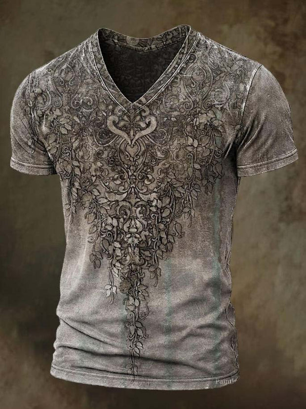 Vintage Gradient Floral Print Casual V-Neck Short Sleeve T-Shirt