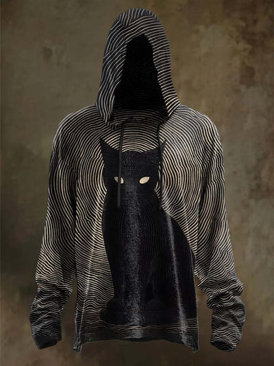 Halloween Abstract Line Black Cat Print Casual Hooded Sweatshirt