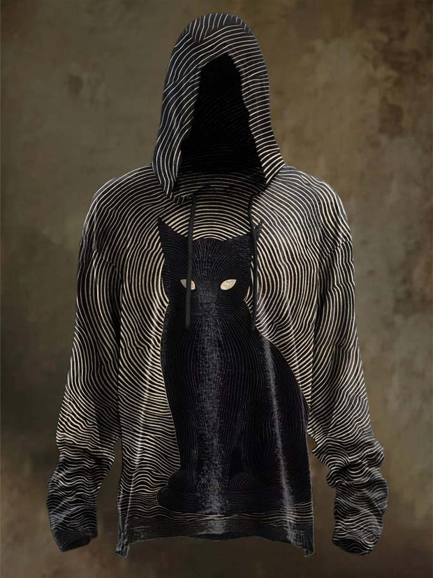 Halloween Abstract Line Black Cat Print Casual Hooded Sweatshirt