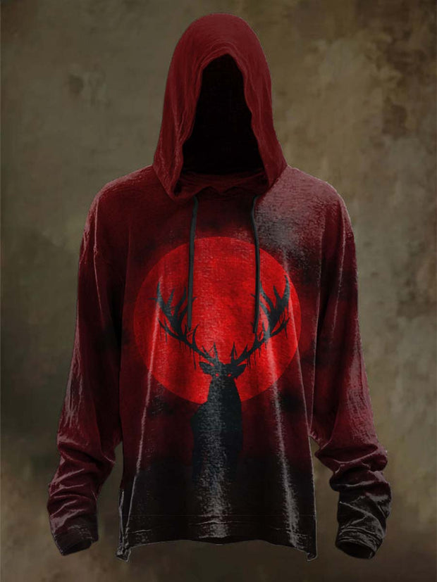 Halloween Dark Reindeer Print Casual Hooded Sweatshirt