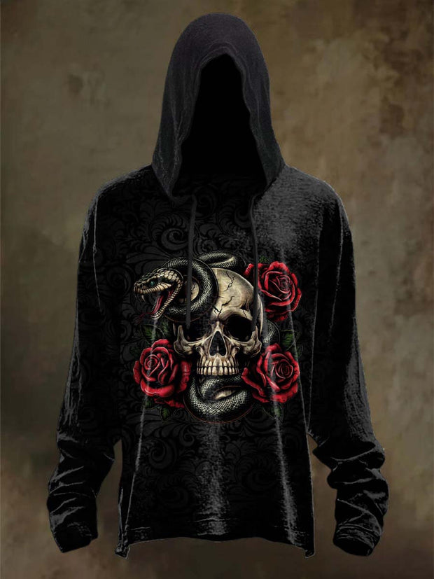 Halloween Skull Rose Print Casual Hooded Sweatshirt