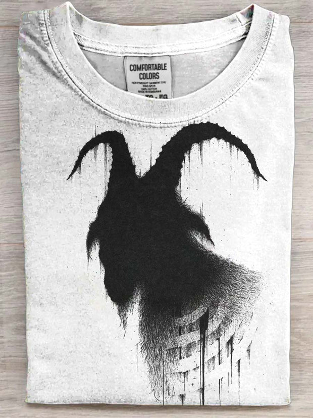 Halloween Dark Black Goat Print Casual Short Sleeve T-Shirt