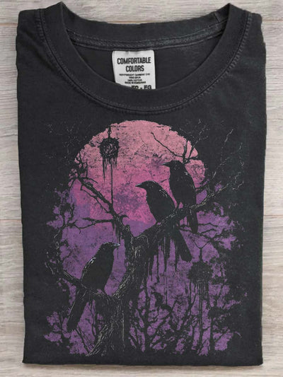 Halloween Raven Print Casual Short Sleeve T-Shirt