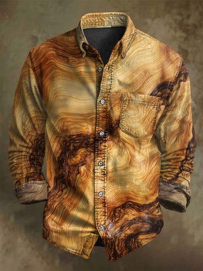 Vintage Abstract Wood Print Casual Long Sleeve Shirt