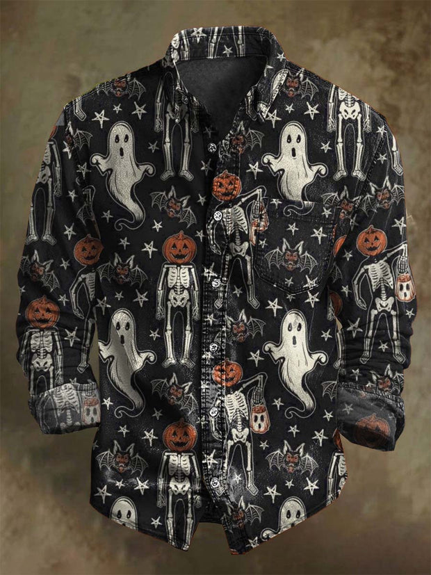 Halloween Skull Ghost Print Casual Long Sleeve Shirt