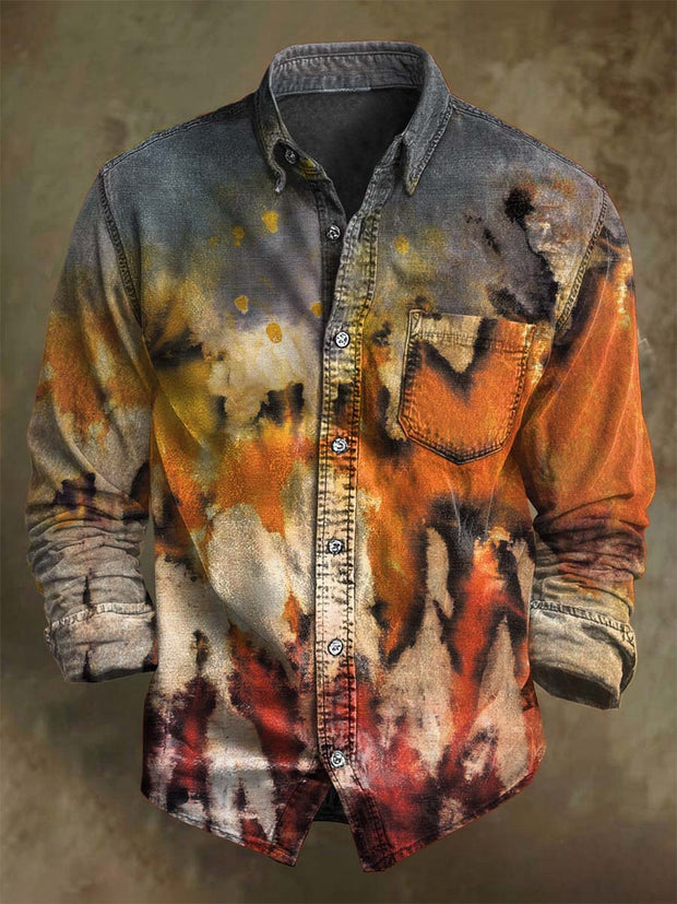 Vintage Color Clash Art Print Casual Long Sleeve Shirt