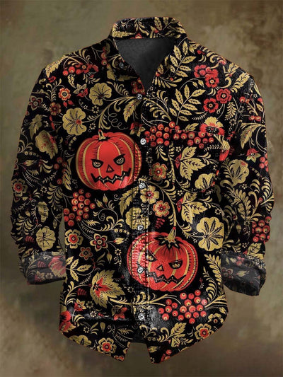Vintage Halloween Pumpkin Floral Print Casual Long Sleeve Shirt