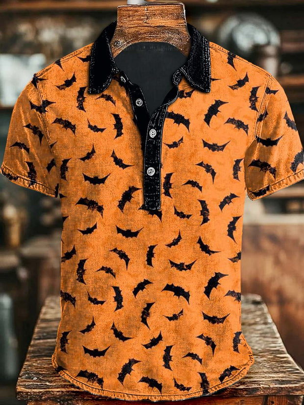 Halloween Bat Print Casual Short Sleeve Polo Shirt