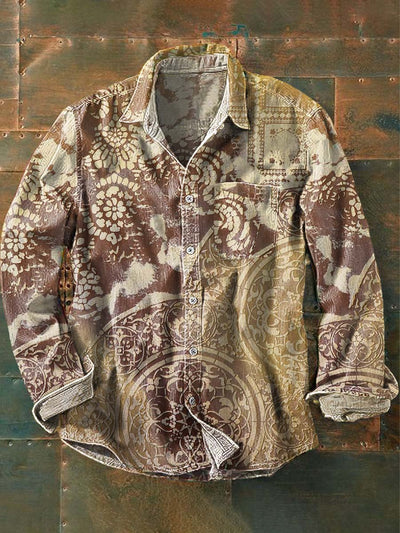 Vintage Irregular Floral Print Casual Long Sleeve Shirt