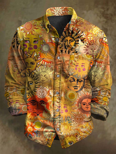 Vintage Sun Art Print Casual Long Sleeve Shirt