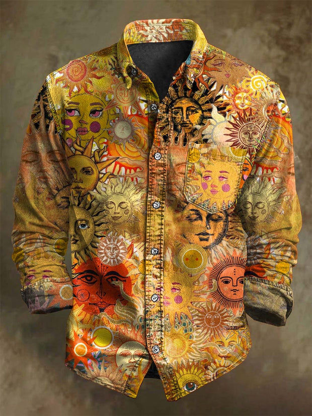 Vintage Sun Art Print Casual Long Sleeve Shirt