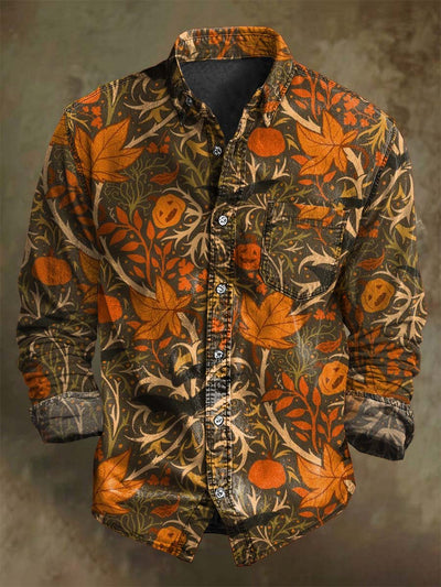 Halloween Pumpkin Bat Maple Leaf Print Casual Long Sleeve Shirt