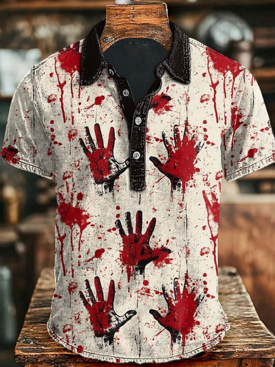 Halloween Blood Handprint Print Casual Short Sleeve Polo Shirt
