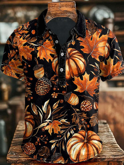 Halloween Maple Leaf Pumpkin Print Casual Short Sleeve Polo Shirt