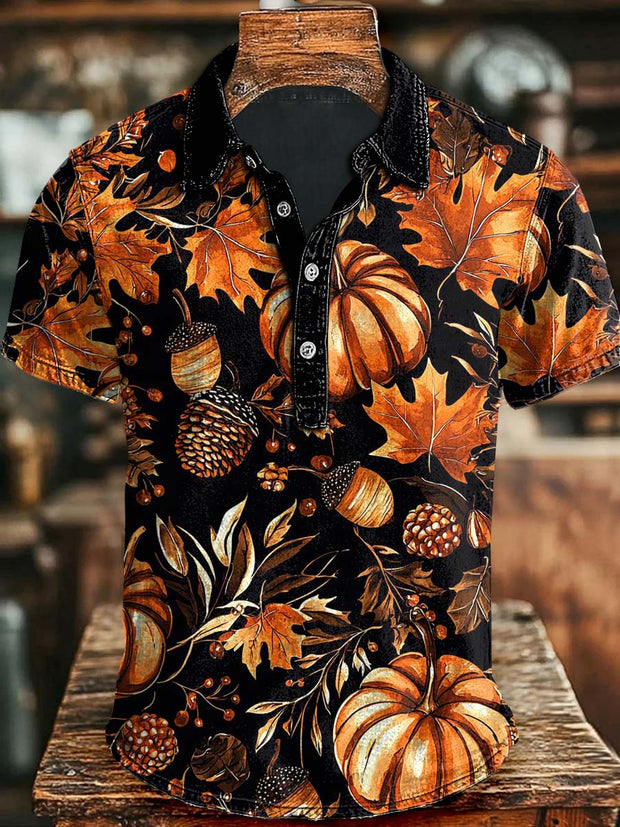 Halloween Maple Leaf Pumpkin Print Casual Short Sleeve Polo Shirt