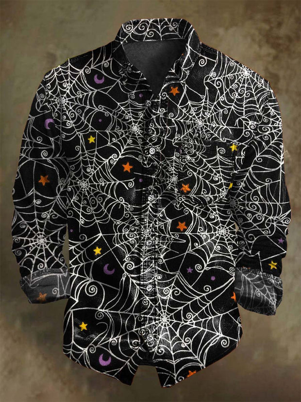 Halloween Spider Web Print Casual Long Sleeve Shirt