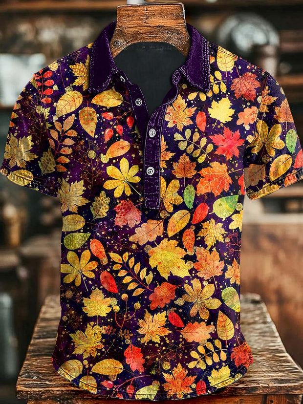Halloween Maple Leaf Print Casual Short Sleeve Polo Shirt