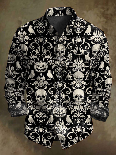 Halloween Pumpkin Skull Floral Print Casual Long Sleeve Shirt
