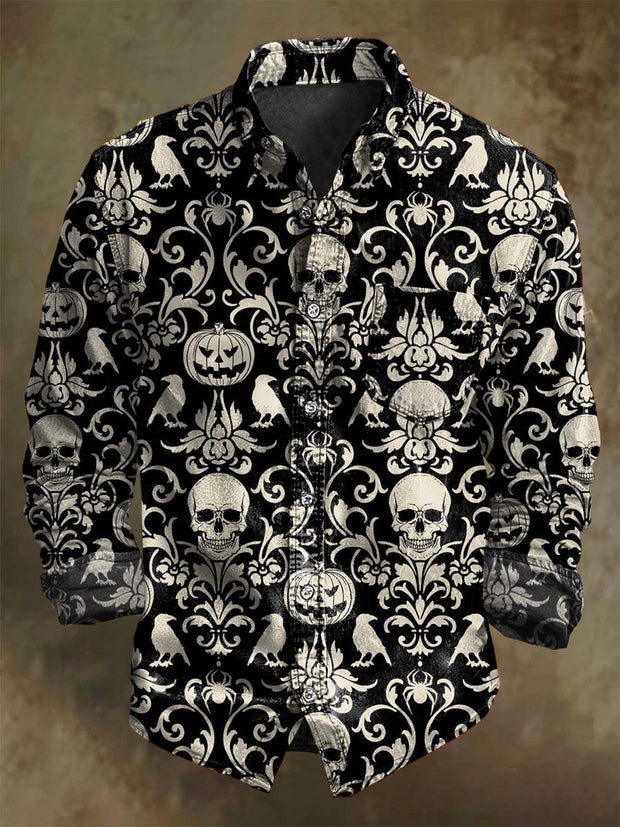 Halloween Pumpkin Skull Floral Print Casual Long Sleeve Shirt
