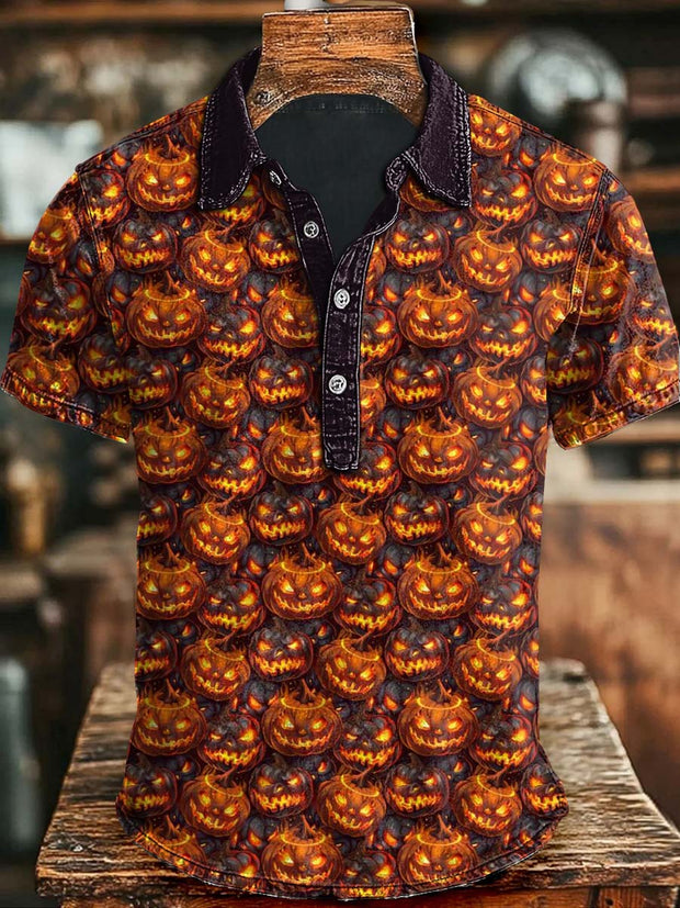 Halloween Evil Pumpkin Print Casual Short Sleeve Polo Shirt