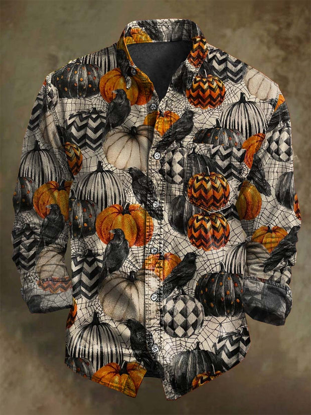 Halloween Pumpkin Raven Print Casual Long Sleeve Shirt