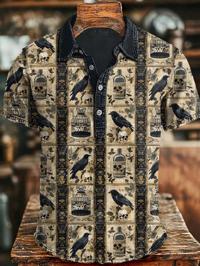 Halloween Retro Raven Print Casual Short Sleeve Polo Shirt