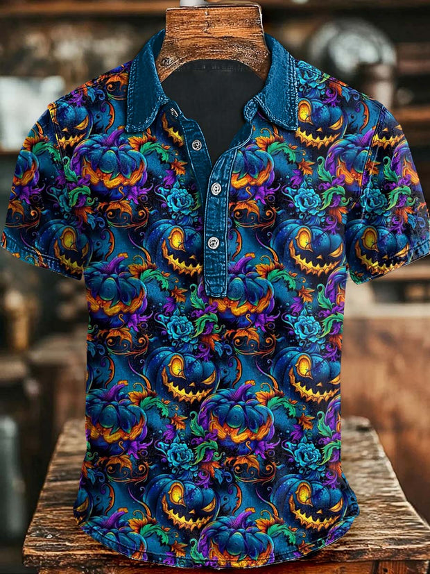 Halloween Evil Pumpkin Print Casual Short Sleeve Polo Shirt