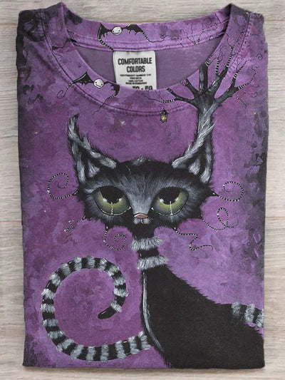 Halloween Black Cat Print Casual Short Sleeve T-Shirt